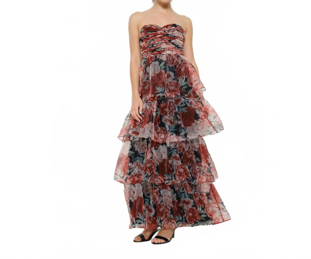 NEW INA FASHION women's floral tiered strapless maxi dress in red